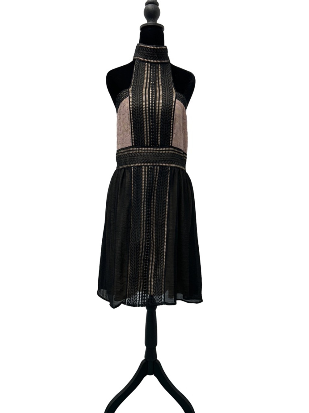 VENUS Black and Blush Halter Lace Backless Mini Dress